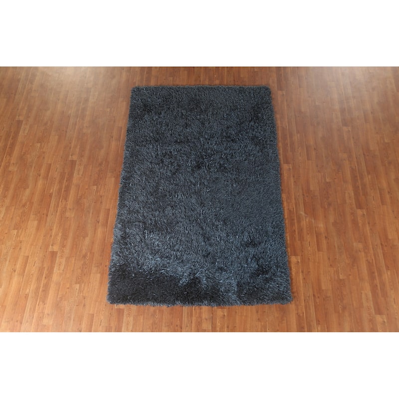 Blue Plush Shaggy Indian Area Rug Hand-Tufted Wool Carpet - 5'0" x 8'0"