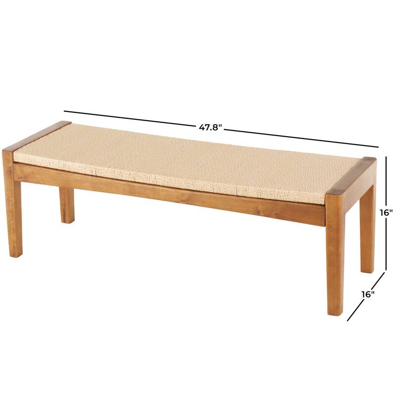 Brown Wood Handmade Traditional Bench with Rope Wrapped Seat