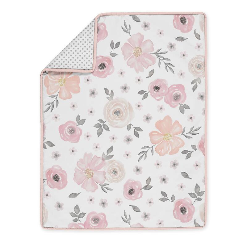 Sweet Jojo Designs Pink, Grey & White Shabby Chic Watercolor Floral Collection Baby Girl 4-piece Bumperless Crib Bedding Set