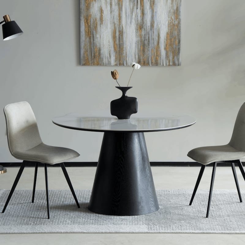 47" Round Dining Table with Sintered Stone Top and Ash Wood Base Riven Series