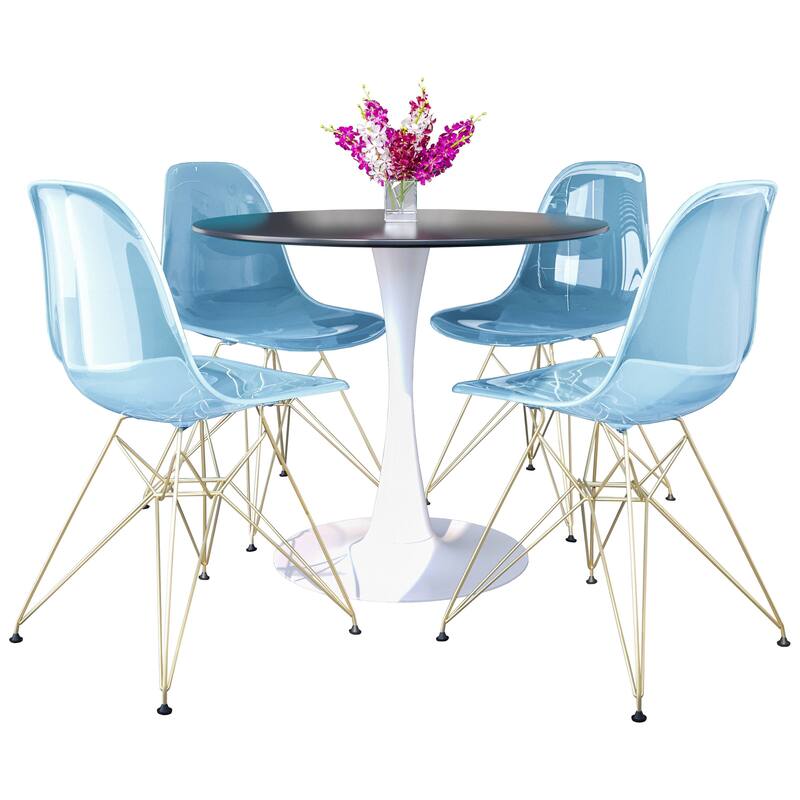Bristol 5-Piece Dining Set 35" Round Table and 4 Plastic Chairs with Gold Base - Transparent Blue