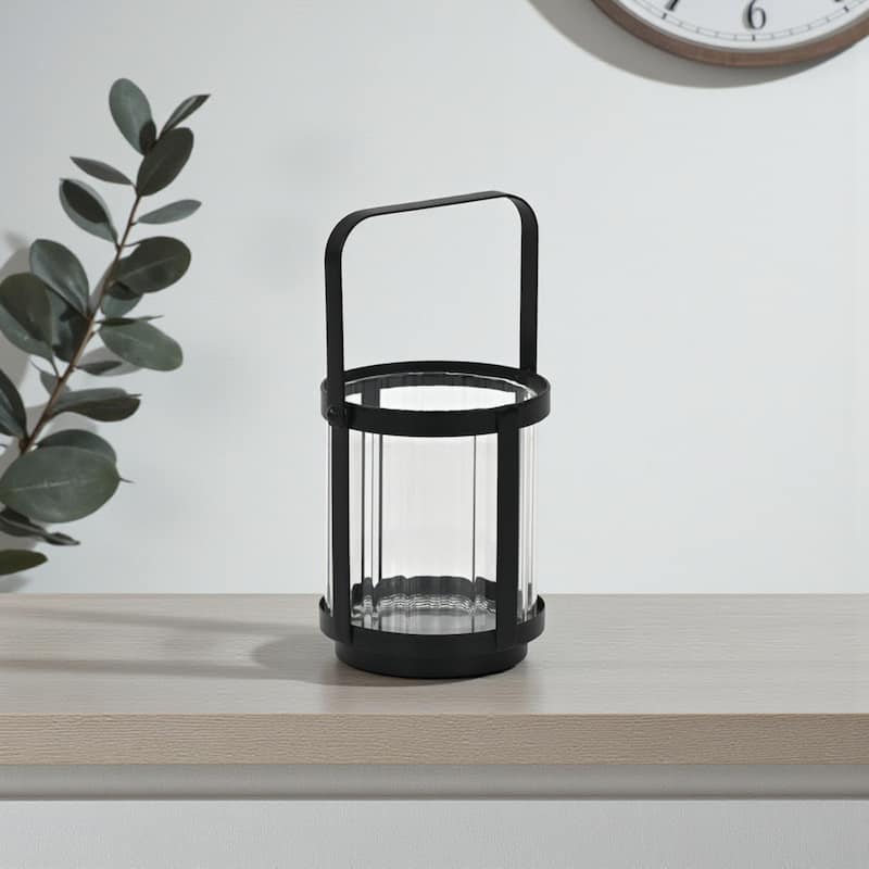 Vortial Fluted Glass Candle Lantern with Black Metal Frame - Small