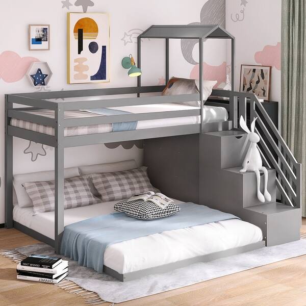 Twin Over Full House Roof Bunk Bed with Storage Staircase and Shelves ...