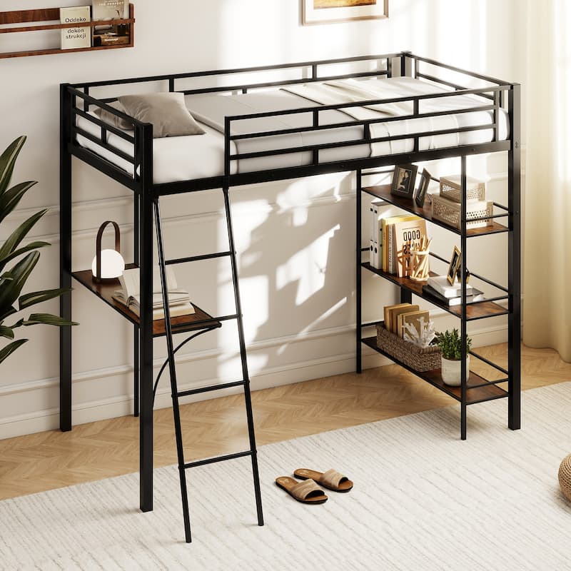 Rustic Brown Twin Loft Bed with Built-In Desk and Storage Shelves Black Metal Frame for Kids or Teens