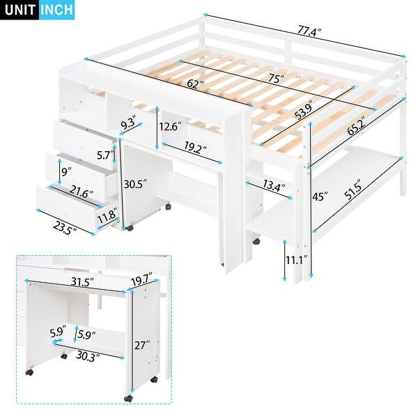 Versatile Full Loft Bed with Rolling Desk, Drawers, and Shelves