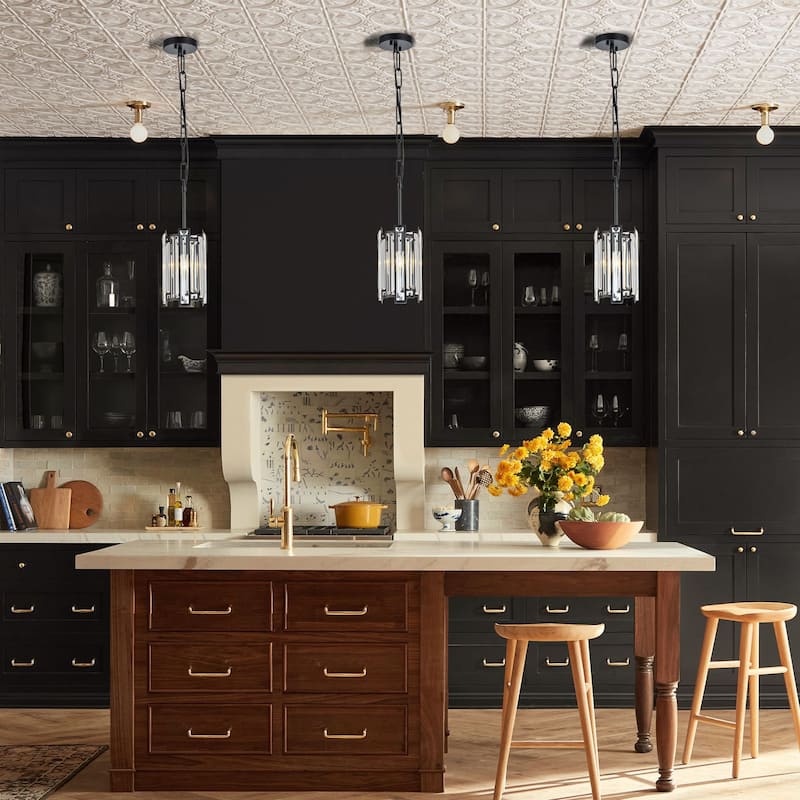 1-Light Modern Glam Black/Gold Cylinder Crystal Pendant Kitchen Island Light