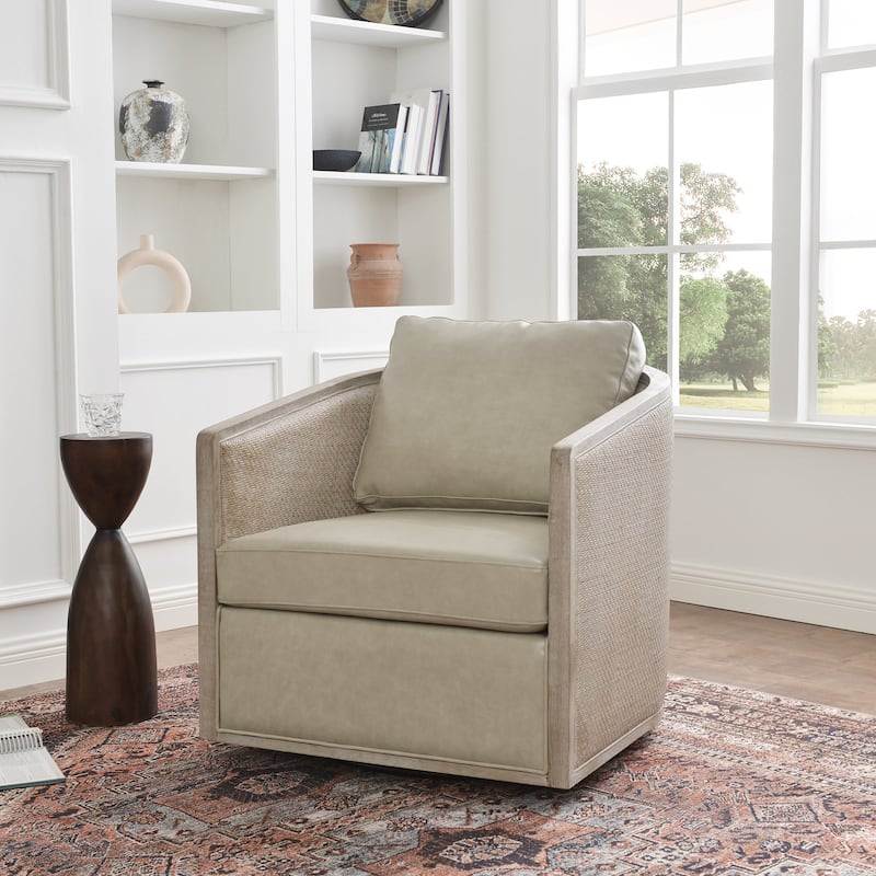 KINWELL 31"W Oak Frame Upholstered Swivel Barrel Armchair