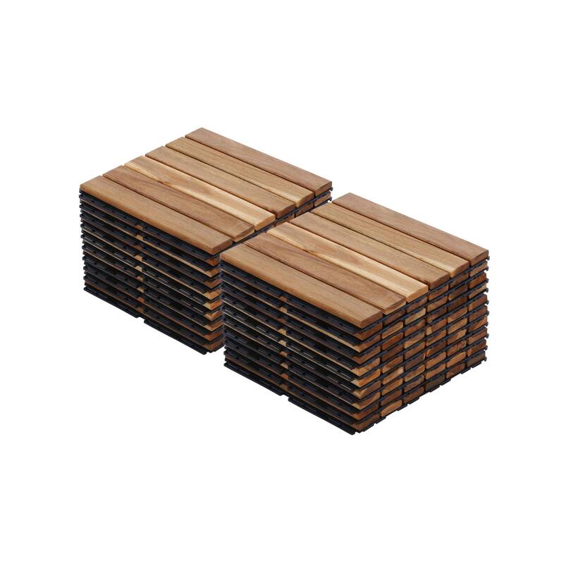 12"x12" Yellow Acacia Hardwood Deck Tiles, Interlocking Striped Pattern for Outdoor Patio, Pool