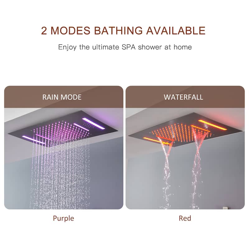 Luxury 4-Spray Patterns 23 in. Ceiling Mount Shower System with Handheld Shower Head, 6 Body Jets, LED, and Music - 15" x 23"
