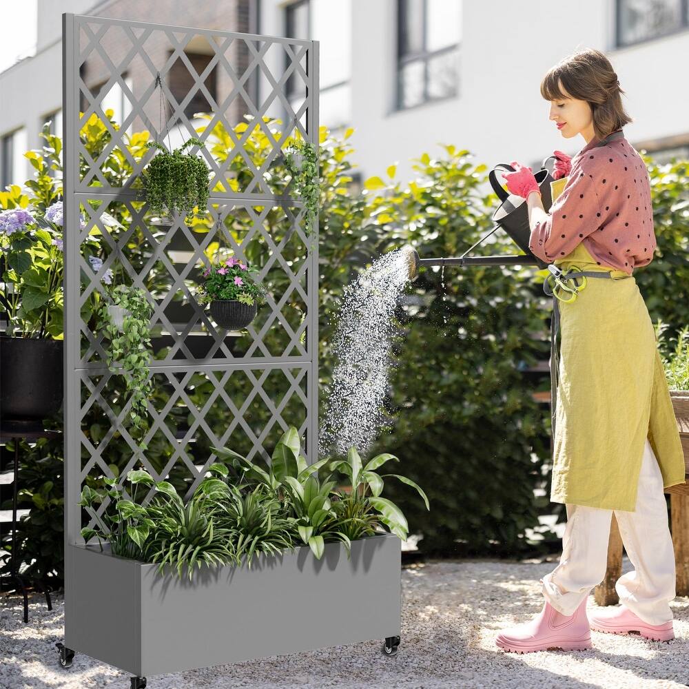 Raised Garden Bed Planter with Trellis Movable Planter Box with Lockable Wheels - 71*35