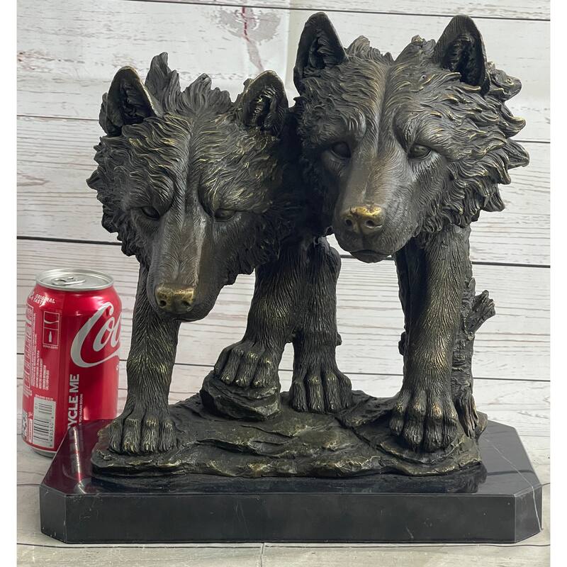 Dual Imitative Wolf Bust Sculpture Statue Two Wolves Bronze Metal Decor Signed Original