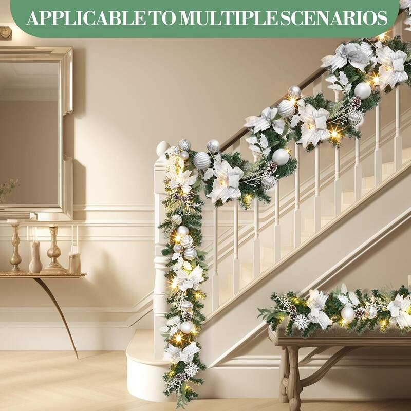 6Ft Christmas Garland with Lights Silver Ball Ornaments Pine Cones Ribbon Bows - N/A