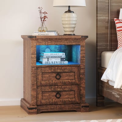 Moasis Rustic Farmhouse End Side Table with Drawers and Power Outlets for Living Room