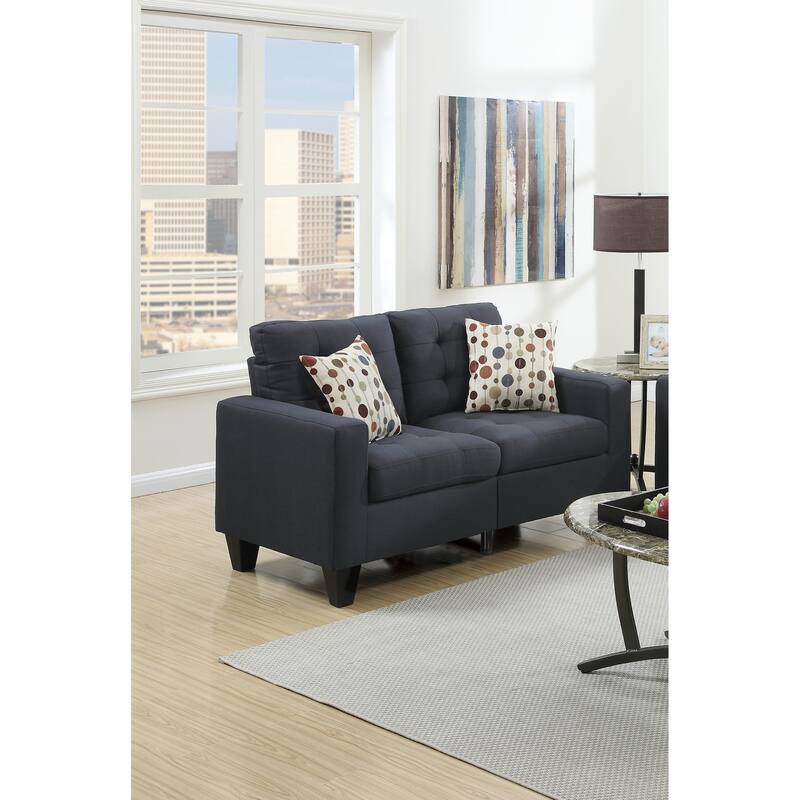 2pc Sofa Set Black Polyfiber Tufted Sofa Loveseat w Pillows Cushion Solid Pine