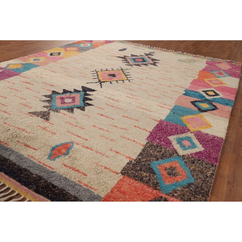 Geometric Plush Moroccan Area Rug Hand-Knotted Wool Carpet - 8'2" x 10'7"