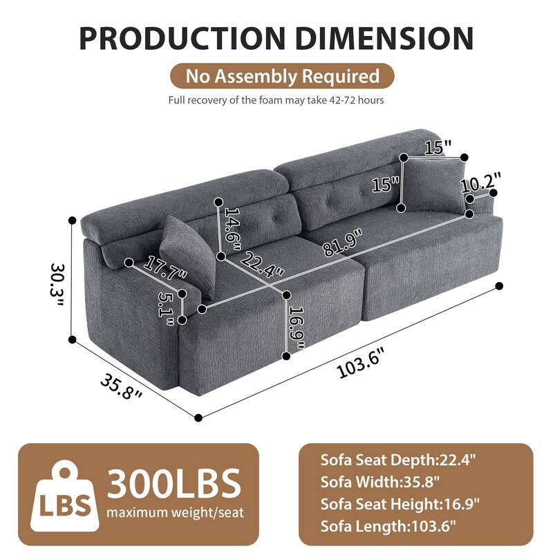 4-Seater Chenille Sofa, Plush Compact, 2 Pillows