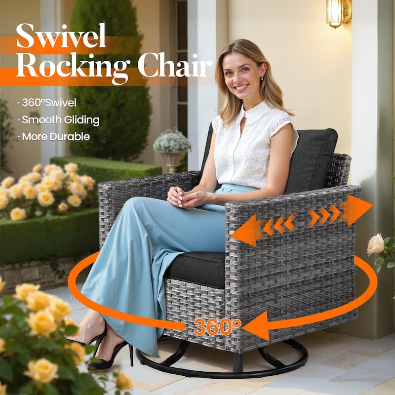 HOOOWOOO 9-piece Grey Wicker Patio Outdoor Sectional Set with Swivel Rocking Chair