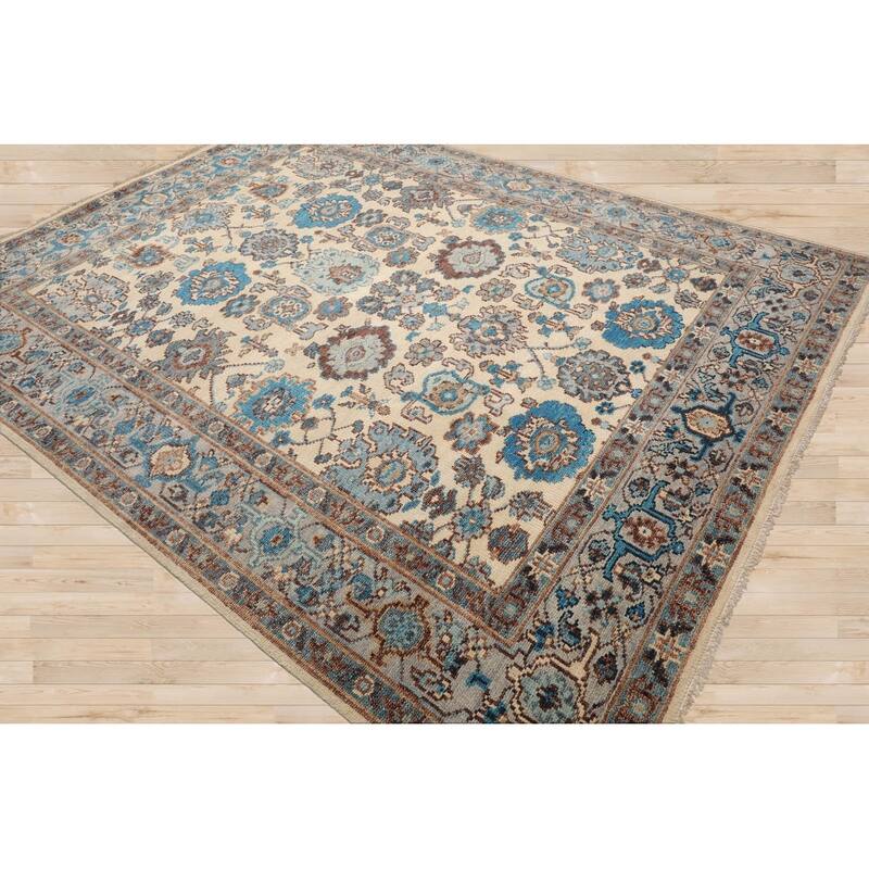 LoomBloom Beige Hand Knotted Wool Rug Arts & Crafts Oushak Style