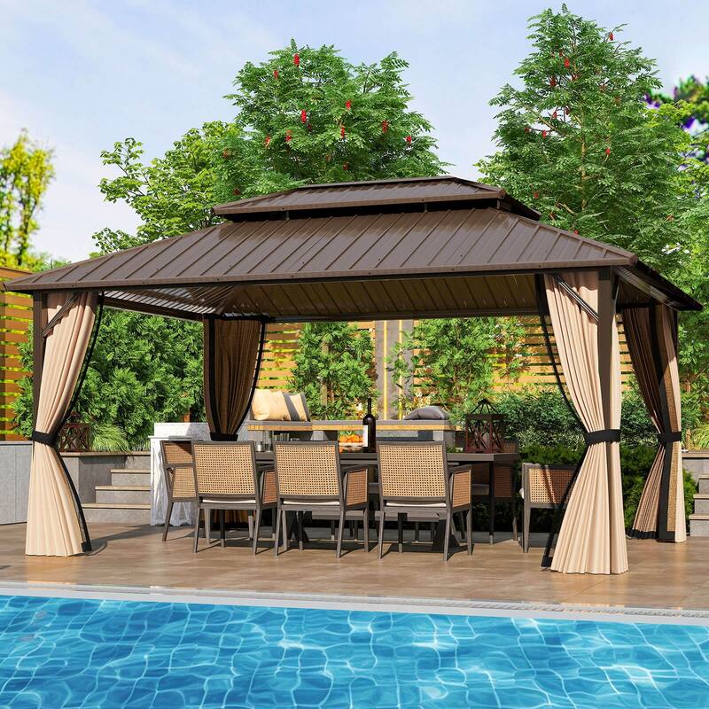 Costway 16 x 12 FT Hardtop Gazebo with Netting Heavy-Duty Double-Roof - Coffee - See Details