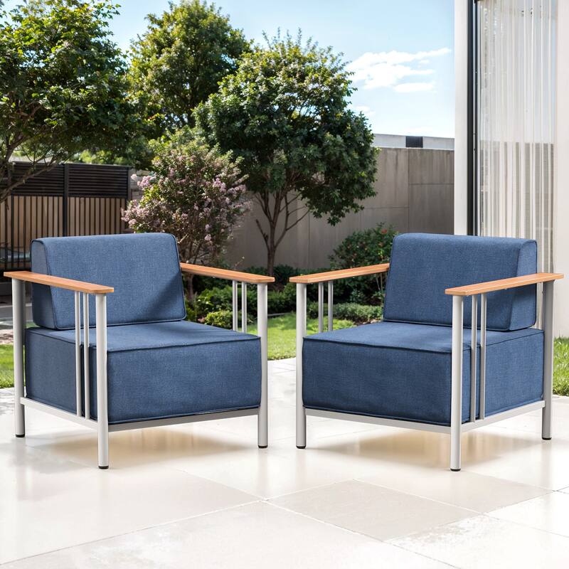 Puffin Black Metal Outdoor Lounge Chairs with 10-Inch Olefin Dark Gray Cushions (2-Pack) - Navy Blue - White