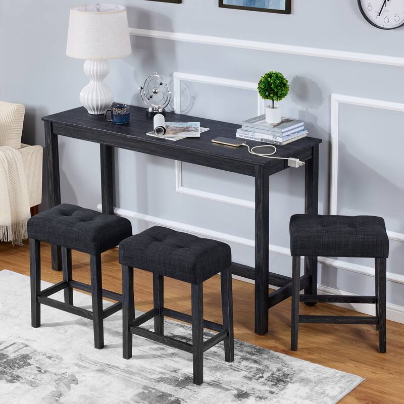 4 PCS Bar Table Dining Sets with Counter Stools and Built-in Power Outlets