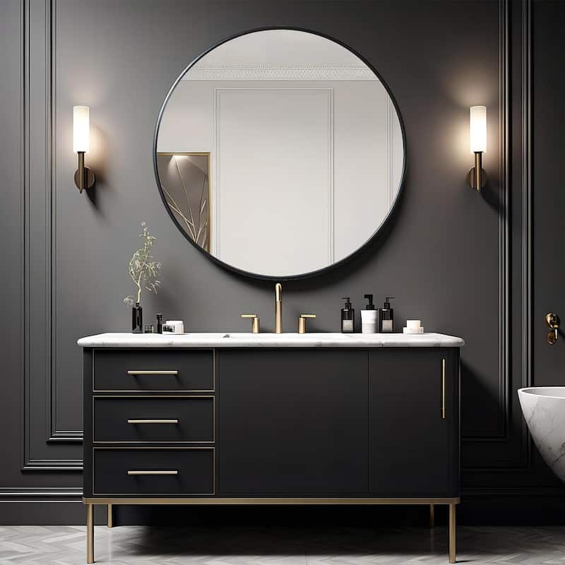 39 Inch Black Metal Framed Round Bathrrom Mirror for Wall
