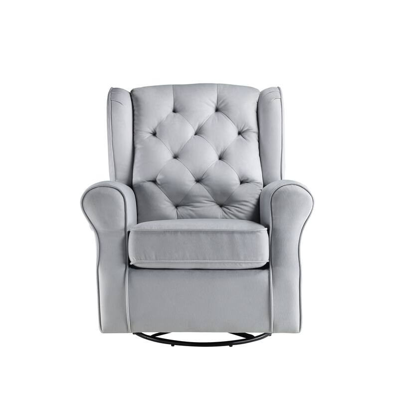Transitional 35" Upholstered Swivel Arm Chair with Glider and Button Tufted Back Cushion