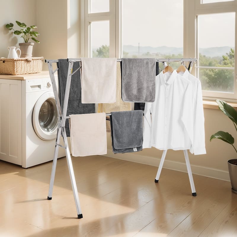 Adjustable Foldable Stainless Steel Clothes Drying Rack with 2 Tiers and 3 Rods for Indoor and Outdoor Use