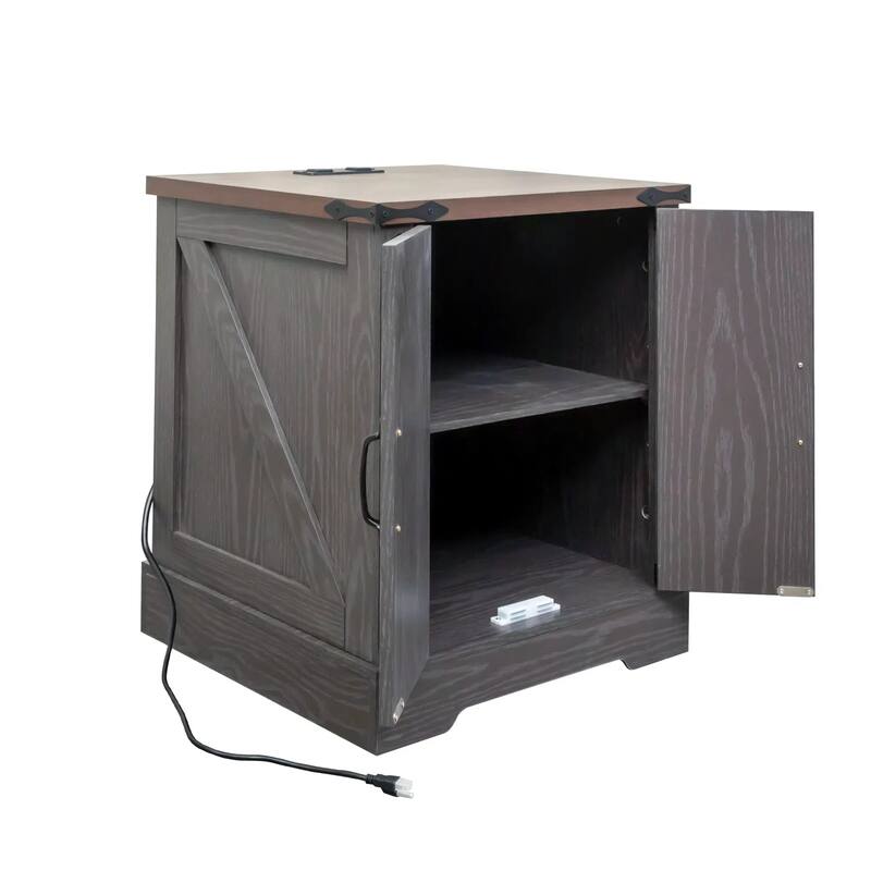 Farmhouse End Table with Charging Station, Rustic Wood Nightstand with Adjustable Shelf, 19.6"W Versatile Walnut Sofa Si