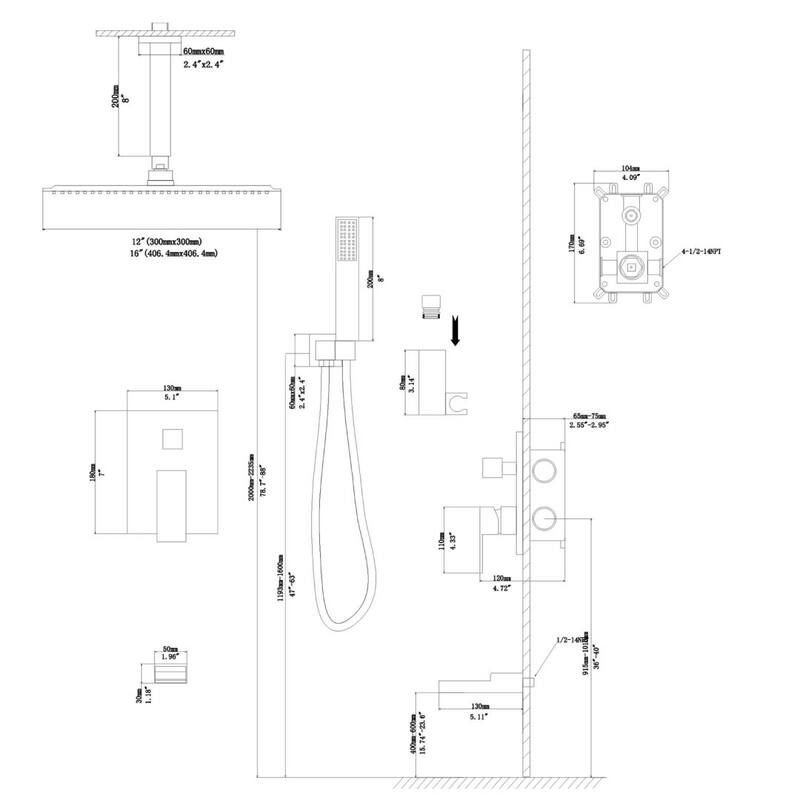 Lordear 16" Rain Mixer Shower System with Ceiling-Mounted Rainfall Shower Head and Square Rain Shower Head