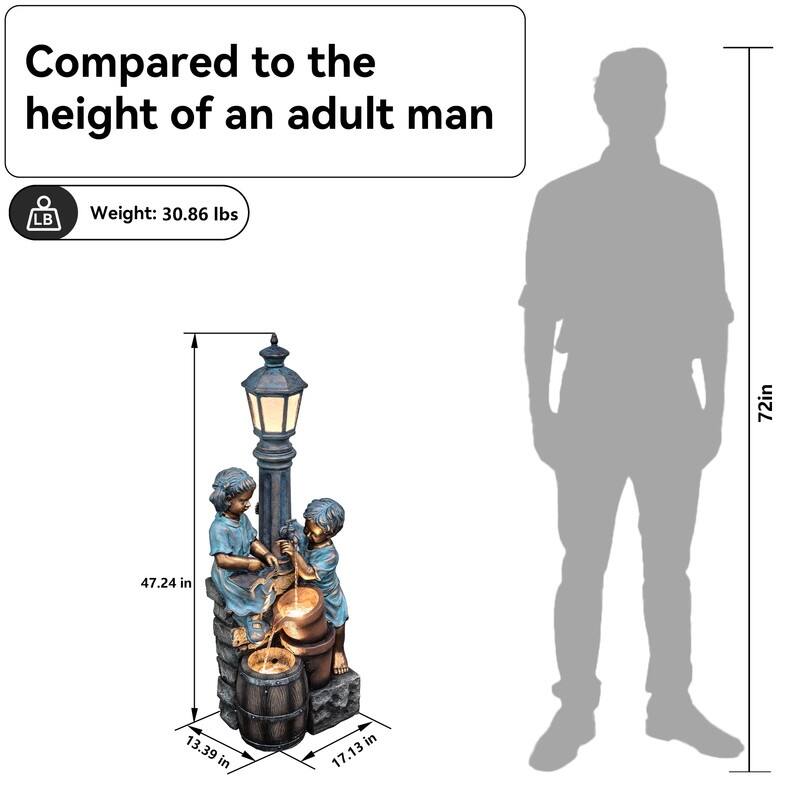 Storybook Outdoor Water Fountain with Boy and Girl Sculpture, Warm LED Lamp Post and Soothing Water Flow