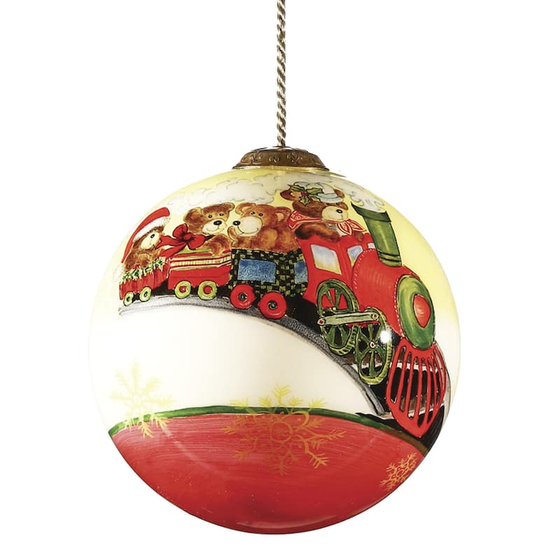 Teddy on Toy Train Hand Painted Mouth Blown Glass Ornament - 4" x 4" x 4"