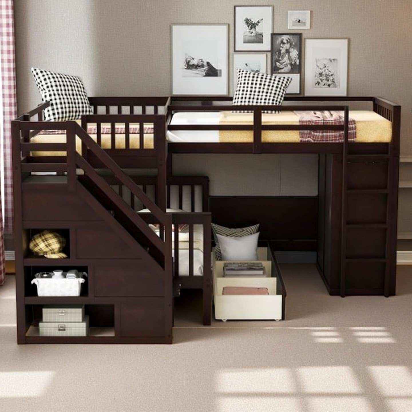 Twin Over Full L-Shaped Bunk Bed with Built-In Desk, 3 Staircase Drawers, Wardrobe Storage