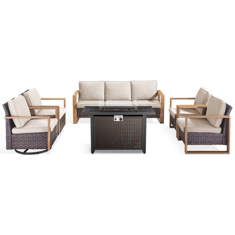 Meyreso Wicker Outdoor Patio Metal Fire Pit Set with Swivel Gliders and Olefin Cushions