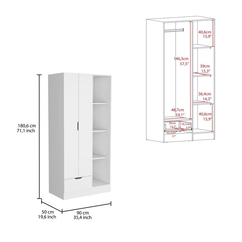35.4" Modern Double-door Armoire with 4-Tier Storage Shelves and 1 Drawer