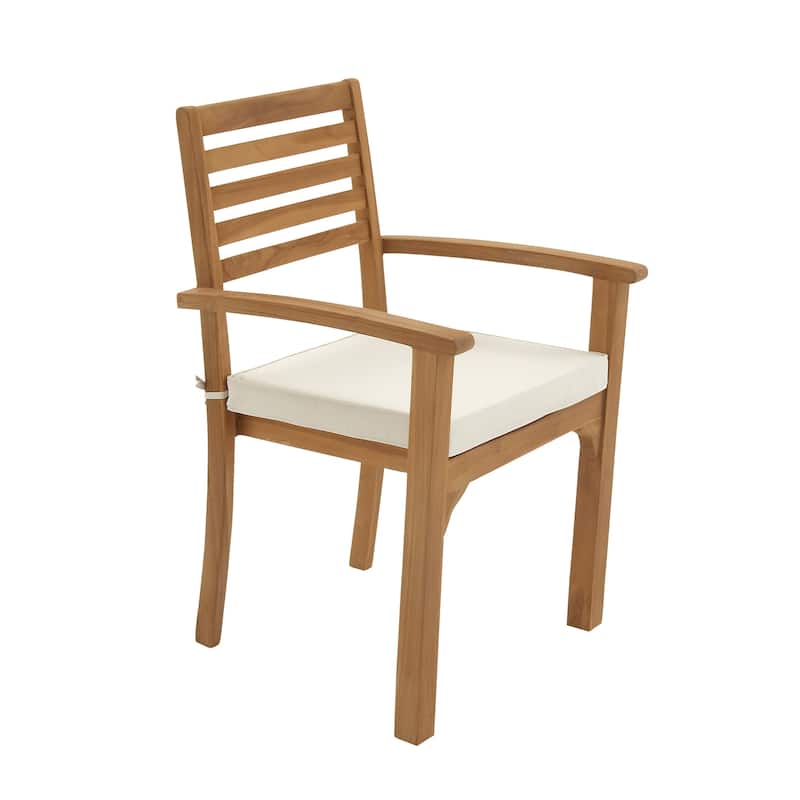 Brown Teak Wood Patio Outdoor Dining Set with White Cushions and Extendable Table Leaf (Set of 7) - 83"W, 30"H(A+B)