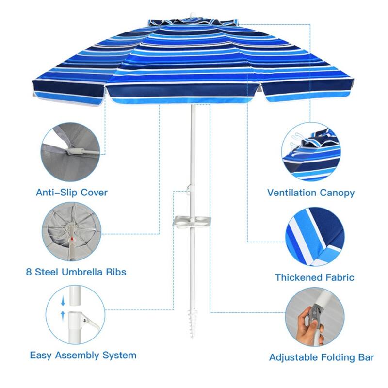 Large 7.2 ft Beach Umbrella with Adjustable Tilt and Sun Protection and Sturdy 8-Rib Frame - 7.2'Dia x 7.2'H