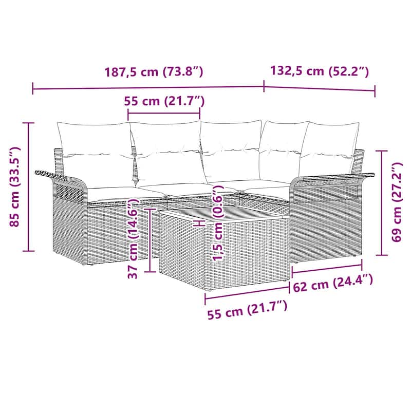vidaXL 5 Piece Garden Sofa Set with Cushions - 73.8×52.2×27.2