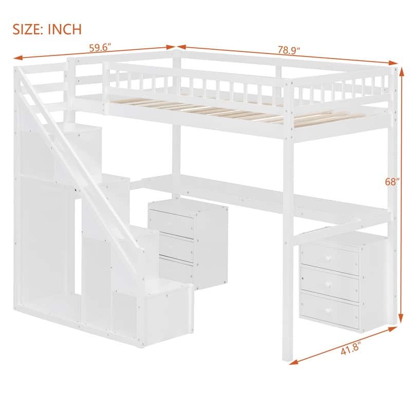 Twin/Full Size Loft Bed with Desk and Light Strip, Storage Bed Frame with Two Chest of Drawers & Clothes Hanging Rod