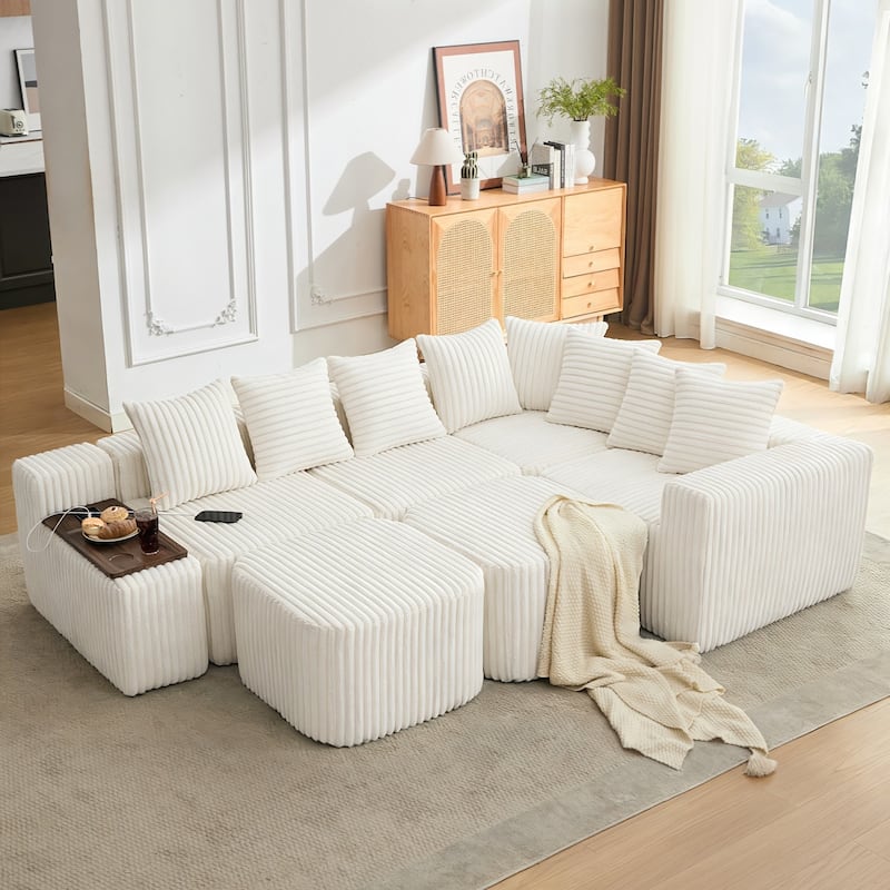 137.5" U-Shaped Sectional Sofa with Coffee Table Board and Ottoman