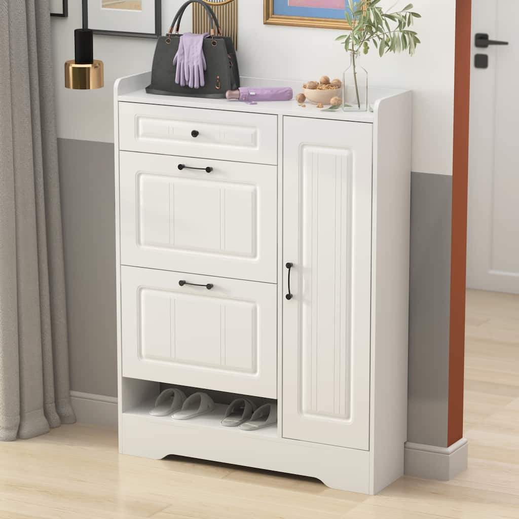 Modern White Wood 3-drawer 18-pair Shoe Storage Cabinet