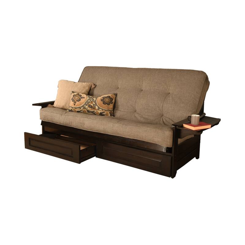 Somette Phoenix Queen-size Storage Futon Set in Espresso Finish with Linen Mattress - Linen Stone