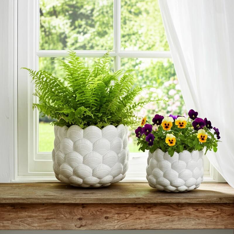 Stoneware Planters Embossed Fan Pattern (Set of 2) - 7", 5" White - 9" x 9" x 7" - White - 9" x 9" x 7"