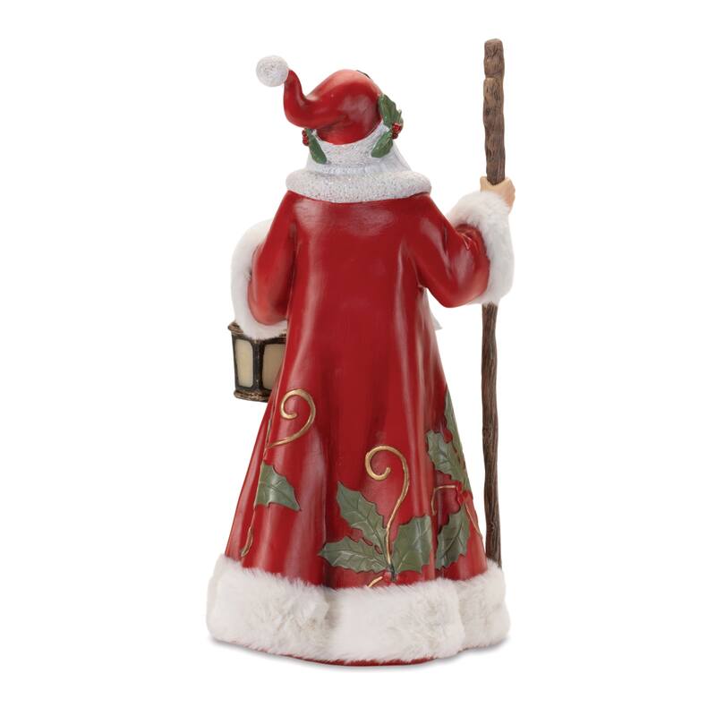 Resin Festive Santa Figurine with Lantern and Holly Leaf Print for Christmas Mantel or Shelf Display - 6.75”L x 8.25”W x 13.5”H