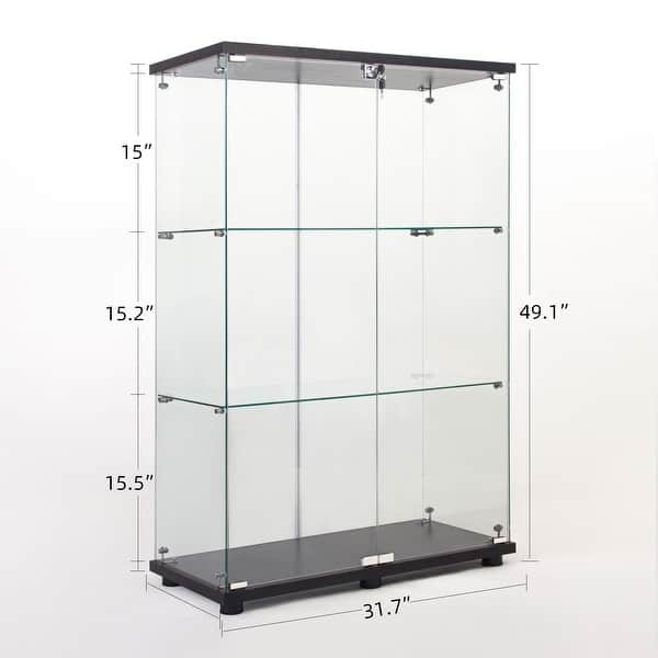 dimension image slide 6 of 24, Glass Display Cabinet with Doors & Locks, Acrylic Shelves, Floor Standing Storage Showcase for Home or Office