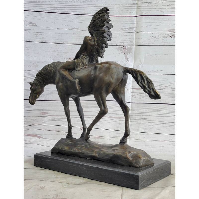 Native American Indian On Imitative Horseback Bronze Sculpture Statue Figure On Marble Base