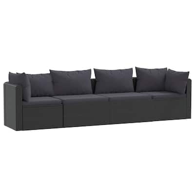 4pc Outdoor Modular Sofa Set, Black Woven Poly Rattan and Cushions
