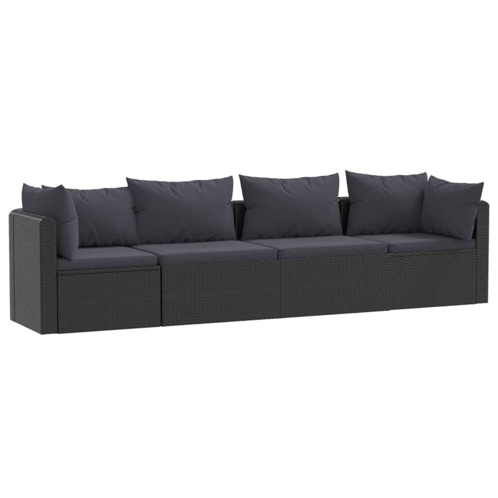 4pc Outdoor Modular Sofa Set, Black Woven Poly Rattan and Cushions