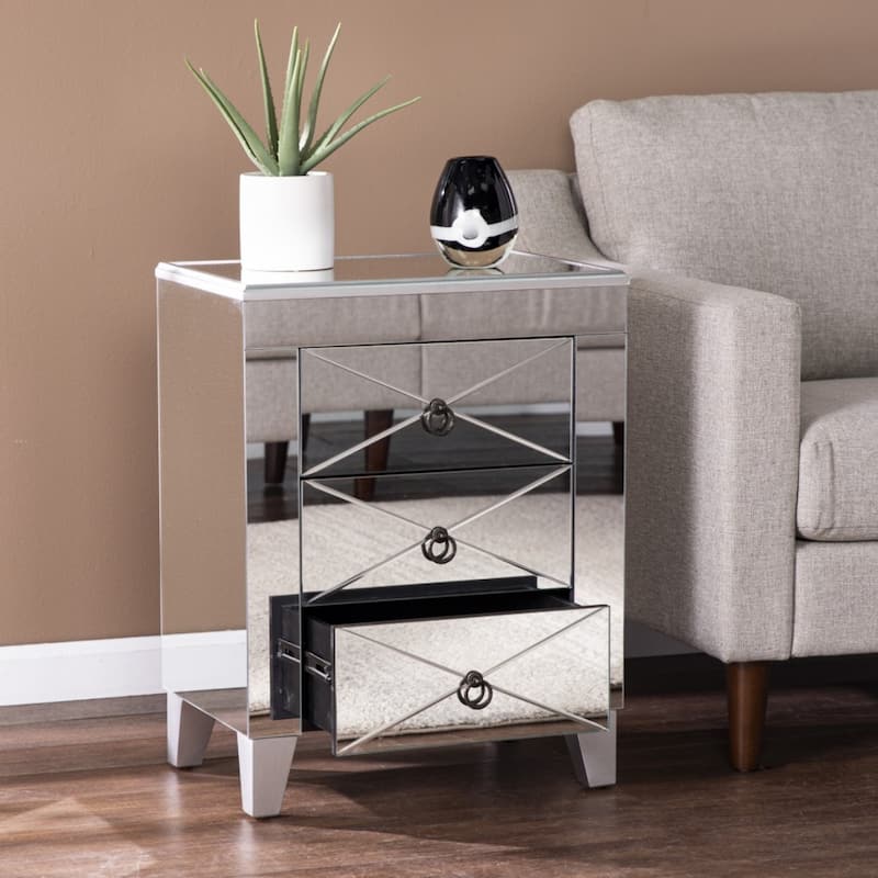 26 Inch Silver End Table with 3 Drawers for Storage and Modern Design - 14.50” x 20.25” x 26.25”