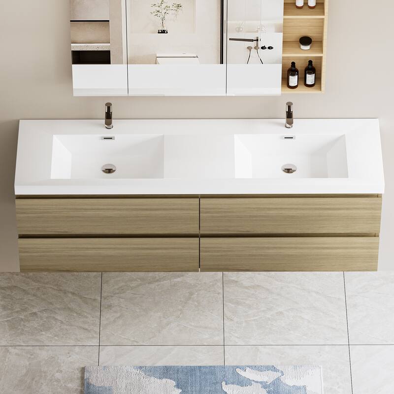 Wall 72" Floating Bathroom Vanity with Sink & and 4 Soft Close Drawers,White/Oak/Grey - 72 inch - Oak